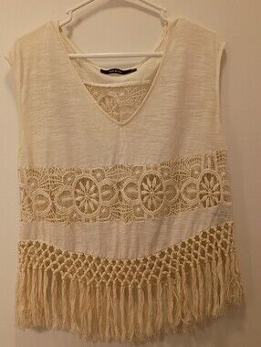 Ark & Co Cream Crochet Fringe Tank
